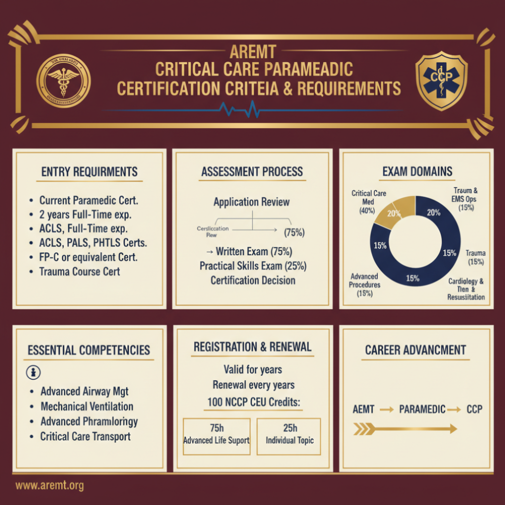 AREMT Critical Care Paramedic Certification Criteria and Requirements infographic
